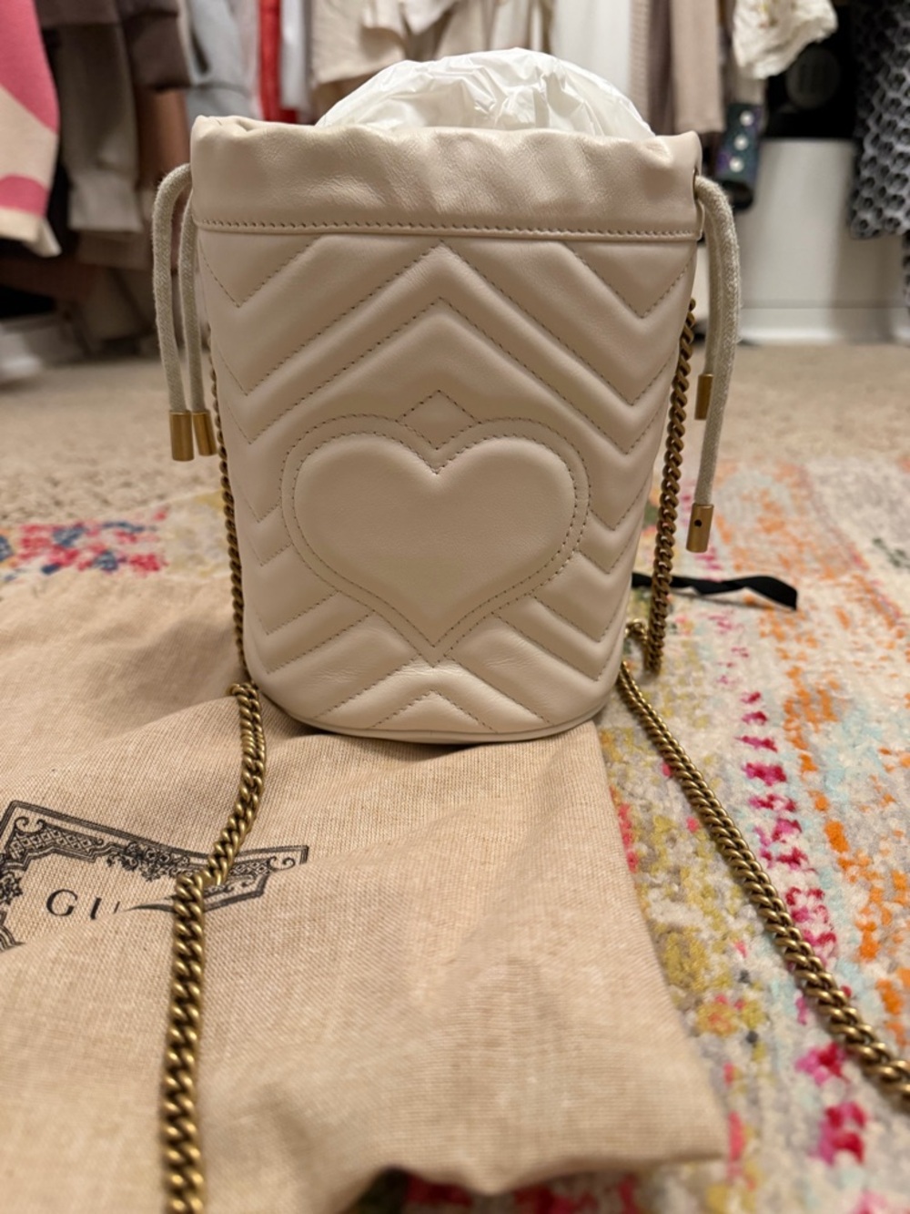 Gucci Small GG Marmont Chevron Bucket Bag in Cream with Gold Hardware - Picture 9 of 11